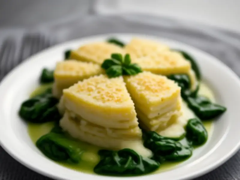 Gratinado de aspargos brancos, espinafre e parmesão