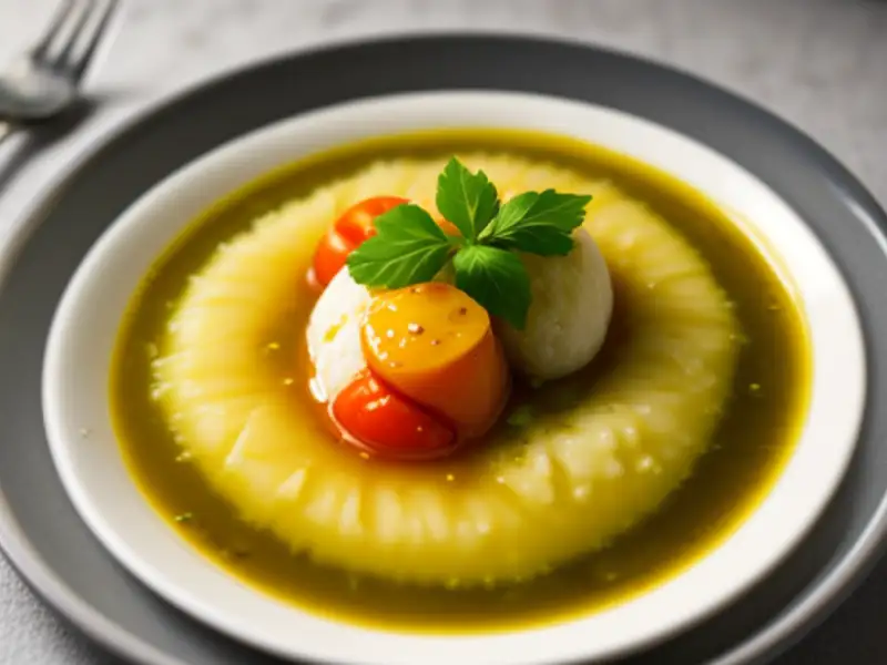 Sopa de solha com pesto e tomate-cereja